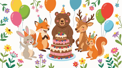 Fototapeta premium Party Woodland Animals Celebrating Birthday with Cake and Balloons