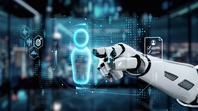 A robotic hand reaches out to interact with a holographic user interface, showcasing the blend of technology and innovation in a sleek digital workspace environment. Auvana