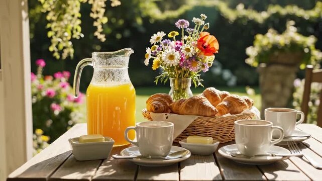 Outdoor morning breakfast table with fresh croissants in a wicker basket, pitcher of orange juice, butter dish and coffee cups beside a vase of wildflowers on a sunlit garden patio for cafe menu or ho