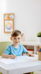 Naklejka premium Young boy smiling while drawing at a white desk in a bright room, focused on colorful pencils and paper as he explores creativity and develops fine motor skills
