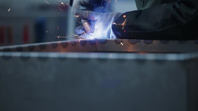 Slow motion Welder sparks welding metal on industrial workbench in factory workshop..