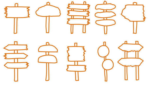Hand-drawn orange outline vector illustration of a collection of rustic wooden signs, direction indicators, and guideposts against a transparent background