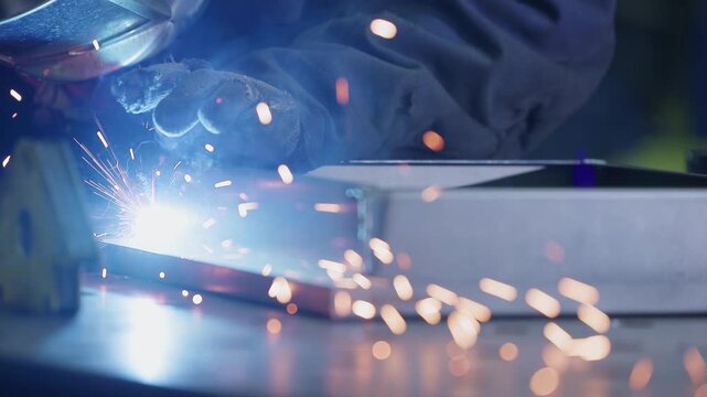 Slow motion closeup of gloved welder hand welding steel on workbench in industrial workshop..
