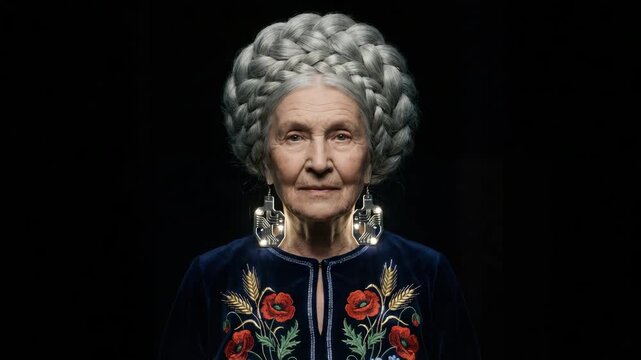 Elderly woman with silver hair and braids stands in dark setting wearing traditional clothing and large earrings