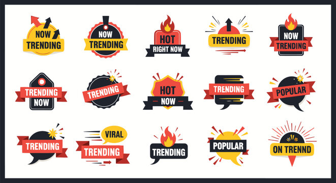 Set of trending now and popular viral marketing labels