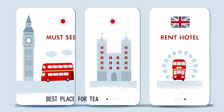 London themed smartphone mockups showcasing landmarks and travel options