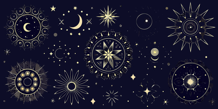 Celestial symbols and astral shapes on a dark navy blue background