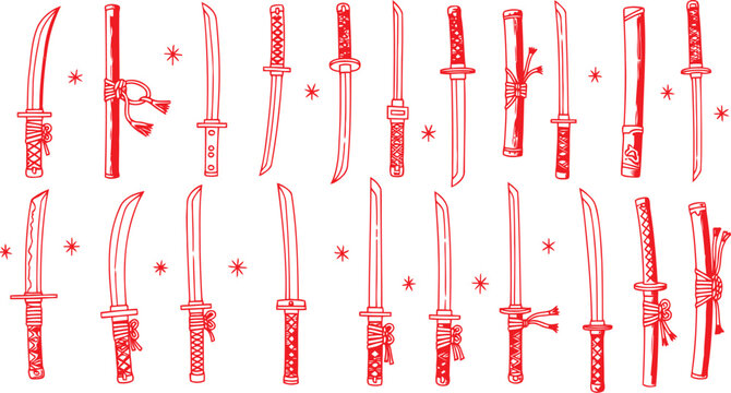 Hand drawn set of japanese katana swords and samurai weapons