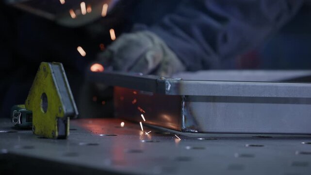 Slow motion welder joining metal frame on industrial workbench in fabrication shop.