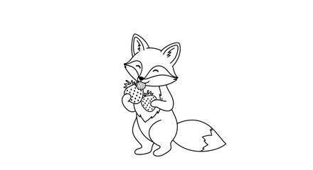 Fototapeta premium A cute cartoon fox holds strawberries in forest.