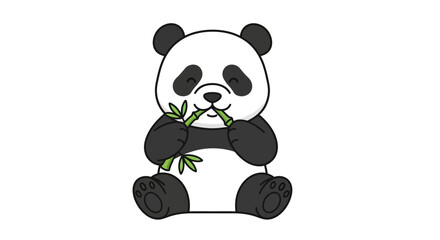 Naklejka premium A cute panda bear eating bamboo shoots sitting on ground in natural environment.