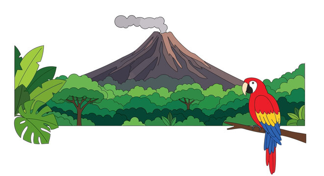 A vibrant red parrot perches on a branch overlooking a lush forest and an erupting volcano.