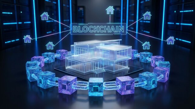 Futuristic Decentralized Blockchain Network Securing Real Estate Transactions with Glowing Digital Nodes, Encrypted Data Blocks, and Smart Contract Technology for Modern Property Investment