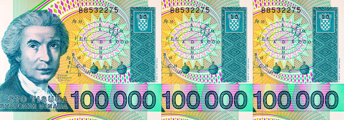 Obraz premium 100000 Croatian Dinars Banknote featuring the portrait of the famous physicist, astronomer, and mathematician Ruđer Bošković. Croatian money.