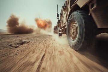 Naklejka premium Military vehicle drives on dusty ground as explosion occurs in the background during a training exercise in a remote area