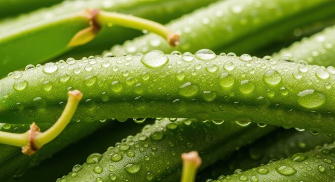 Green beans with dew drops closeup.