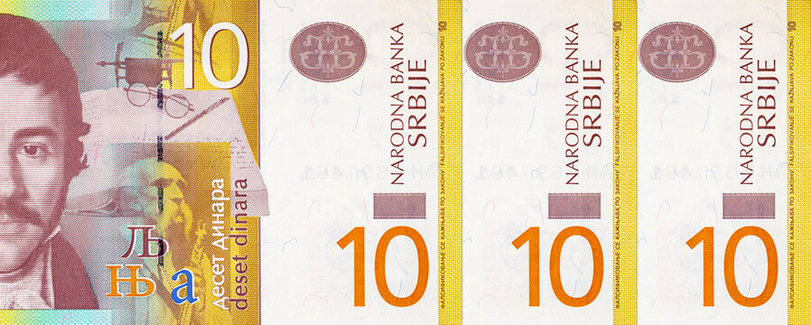 10 Dinars Serbian Banknote featuring Vuk Stefanović Karadžić. Serbia's official currency. Serbian money