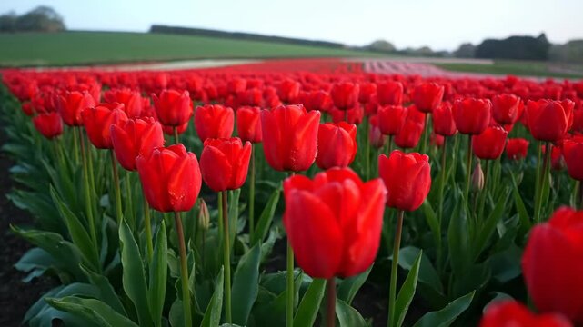Field of vibrant red tulips in full bloom in countryside landscape