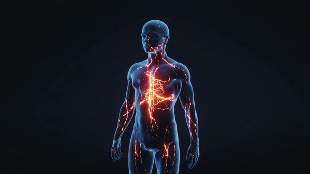 3D animation of a translucent human body with glowing red cardiovascular system. Bright blue lightning bolts of energy erupting from the chest. Futuristic medical science and anatomy concept