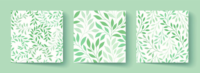 Set of seamless vector botanical leaf patterns in light green on a white background. Clean, modern surface design for wallpaper, textile, fabric, packaging, stationery, wrapping paper, and home decor.