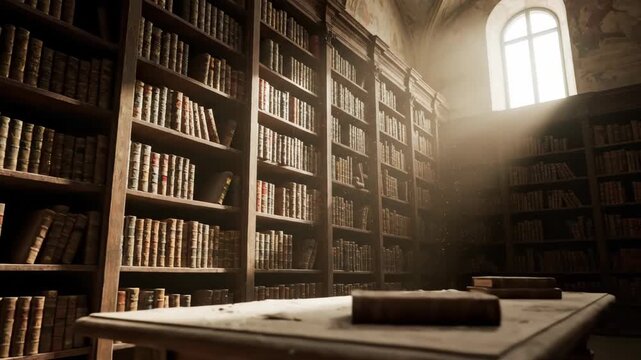 Library filled with books on shelves and a window letting light in.