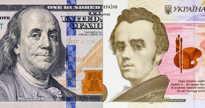 100 dollars of the United States of America and 100 hryvnias of Ukraine. US money. Money of Ukraine.