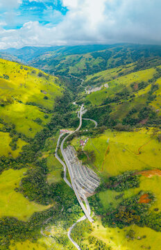 Aerial view of la linea highway through Colombian Andean landscape