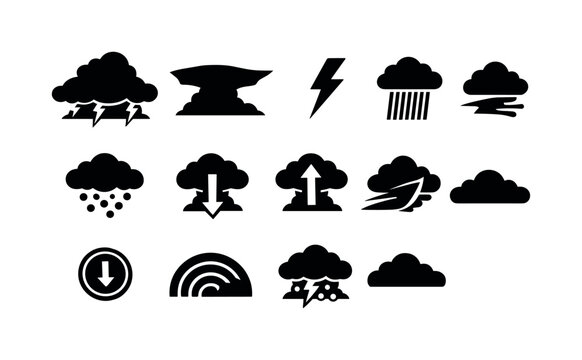 Solid vector icons of thunderstorm elements: cumulonimbus, anvil cloud, lightning strike, rain shaft, hailstone, downdraft,