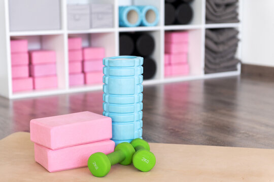 Yoga equipment arranged for a fitness session