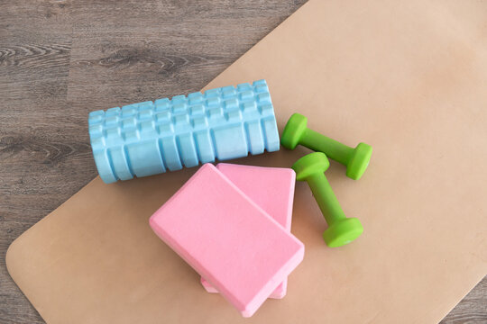 Fitness equipment on yoga mat for healthy lifestyle