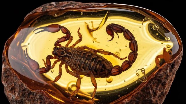 Macro shot of a prehistoric scorpion preserved in golden amber. Ancient fossilized insect in translucent resin. Paleontology and natural history concept