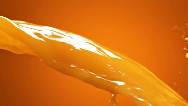 Slow motion wave of fresh orange juice flowing across a saturated background with glossy reflections and rich texture. Perfect for beverage advertising, freshness concepts, juice branding, and healthy