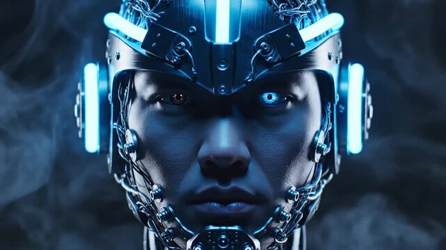 Intense Futuristic Cyborg Face with Glowing Blue Lights and Robotic Elements on a Dark Background, Artificial Intelligence and Technology Concept