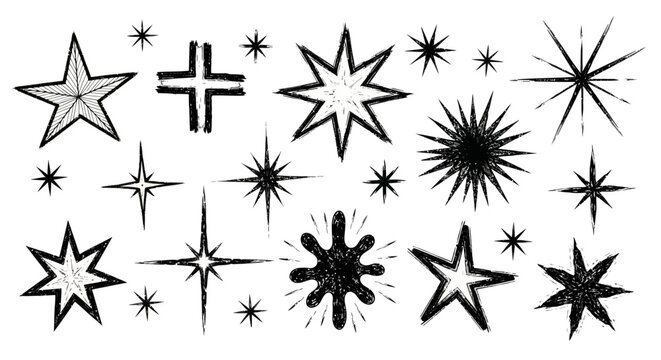 Black starburst illustrations explode in various sizes and styles on white