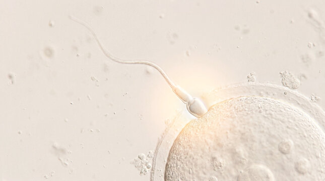 Extreme microscopic view of sperm contacting ovum surface during conception process in soft neutral environment. Concept of human fertilization, reproductive biology and embryology science.