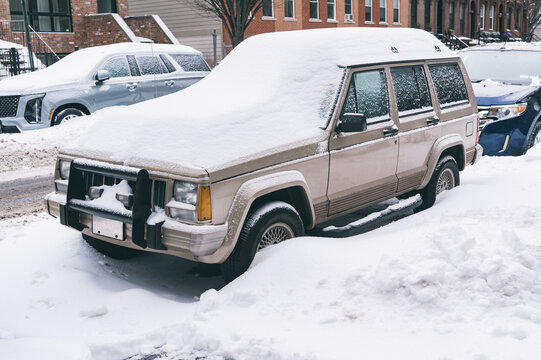 Urban winter scene with snow covered streets