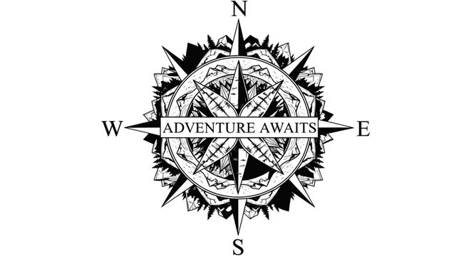 Adventure Awaits Nautical Compass Rose: Intricate Hand-Drawn Wind Rose with Cardinal Directions, Mountain Peaks, and Vintage Map Elements for Outdoor Exploration and Travel Branding