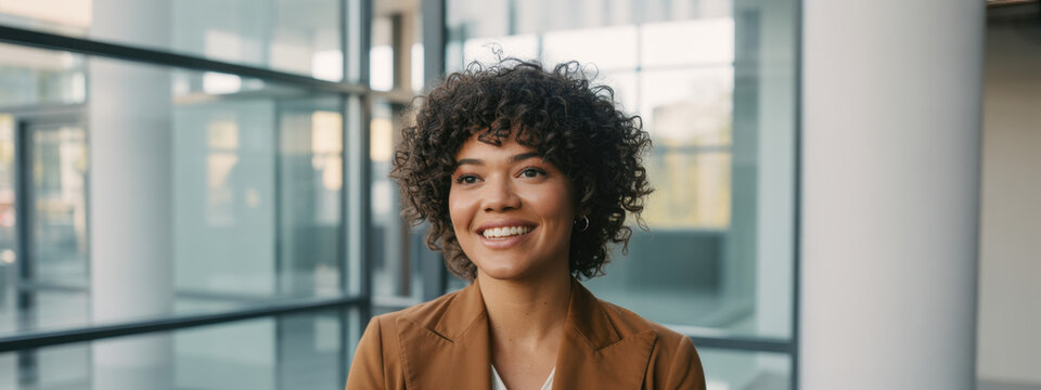 Happy confident young African American business woman, entrepreneur or employee standing in office. Smiling professional businesswoman with curly hair looking at camera at work, headshot portrait.