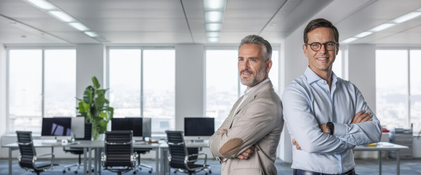 Two smiling confident business men leaders, happy corporate managers, young and middle aged professional executives looking at camera standing back to back with arms crossed in office. Portrait