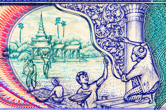 100 Kyats Myanmar with images of working people and traditional architecture. Old Paper Money of Myanmar