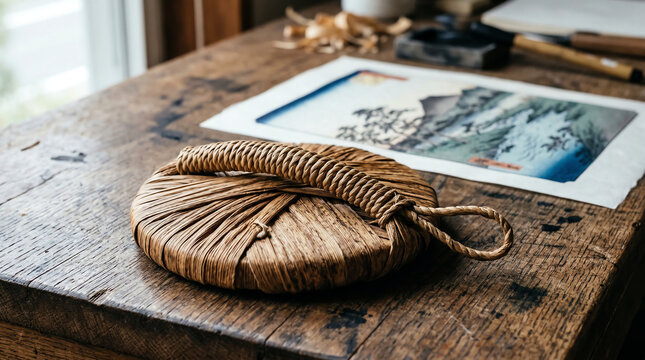Traditional bamboo-leaf baren printing pad with coiled cord and sheath