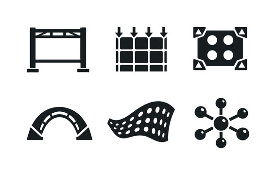 Solid style icons of structural integration with perforated facades: support-frame outline, load-distribution grid,