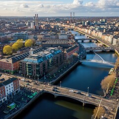 Obraz premium Aerial View Of Dublin Cityscape Showing River Liffey And Bridges
