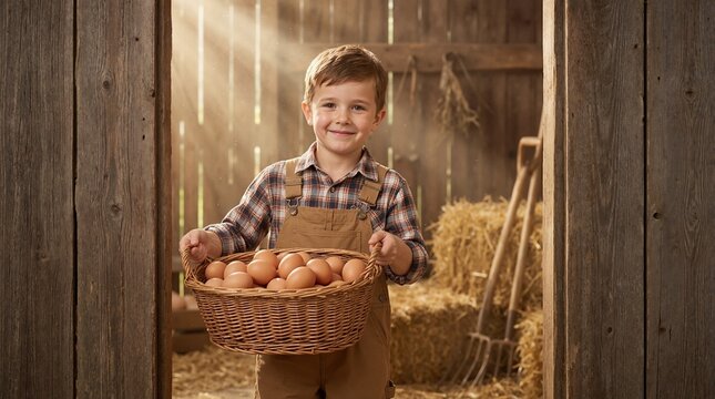 Smiling little boy holding wicker basket full of fresh brown eggs. Portrait of young farmer in rustic wooden barn with hay bales