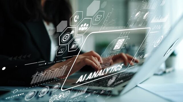 Professional woman using laptop with AI analytics overlay in modern workspace for data analysis and business growth strategies. Asymptotic smart data analytic.