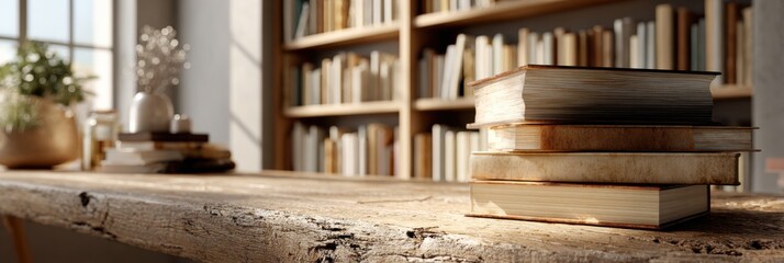 Obraz premium Clean Wooden Desk With Neatly Stacked Books and Soft Natural Light in a Quiet Library Space During Daylight Hours