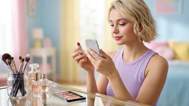 Young woman applying lipstick in mirror, surrounded by makeup and perfume on vanity