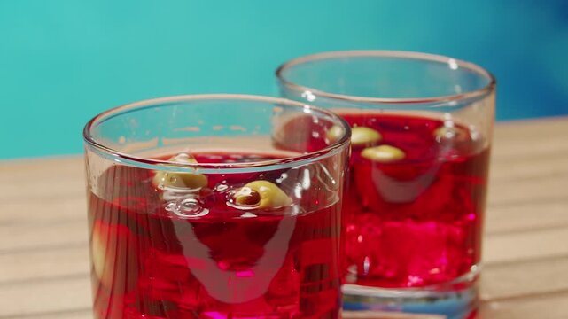 Vermouth Negroni, spanish wine drink, Alcoholic Americano Cocktail bitter, sweet vermouth and soda water, close up of making drink, summer spanish vacations. 