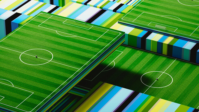 Soccer field view with geometric shapes during World Cup event