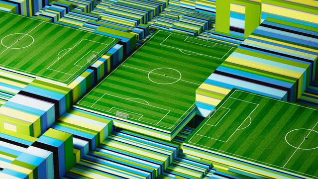 Soccer field view with geometric shapes during World Cup event